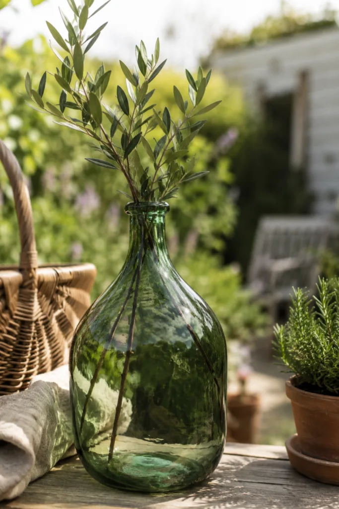 Gartendeko mit Flaschen – 4 wunderschöne Ideen für gemütliche Gartenecken Gartendeko mit Flaschen aus grünem Glas auf rustikalem Holztisch im Garten