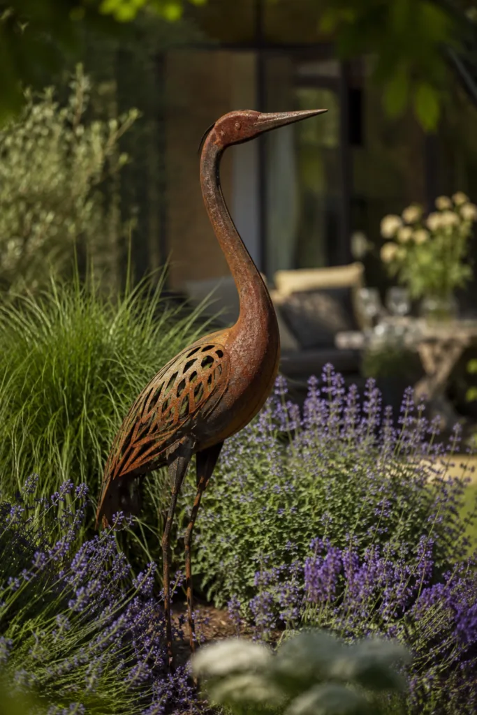 Gartendeko aus Eisen – 5 Ideen für mehr Struktur und Atmosphäre Gartendeko aus Eisen mit rostiger Vogelfigur zwischen Lavendel und Gräsern im Garten