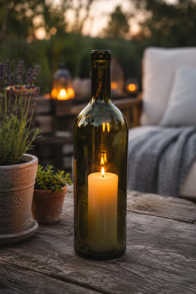 Gartendeko mit Flaschen – 4 wunderschöne Ideen für gemütliche Gartenecken Gartendeko mit Flaschen als Windlichter auf rustikalem Holztisch im Abendlicht