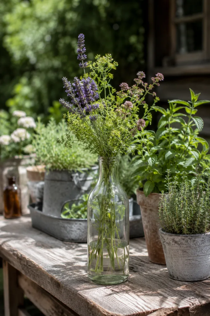 Gartendeko mit Flaschen – 4 wunderschöne Ideen für gemütliche Gartenecken Gartendeko mit Flaschen als Vase zwischen Kräutern und Blumen auf rustikalem Holztisch.