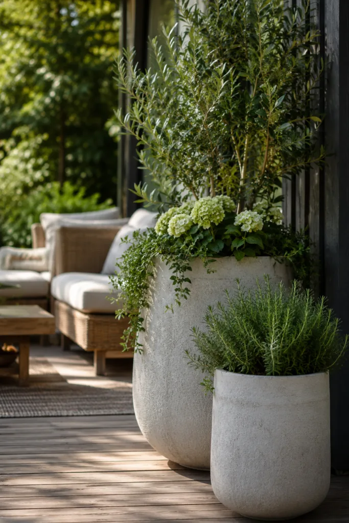 Gartendeko im Sommer mit großen Pflanzkübeln auf moderner Holzterrasse im natürlichen Stil.