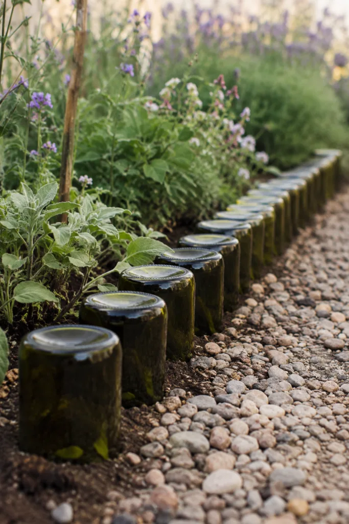 Gartendeko mit Flaschen – 4 wunderschöne Ideen für gemütliche Gartenecken Gartendeko mit Flaschen als Beetbegrenzung entlang eines Kieswegs im naturnahen Garten.