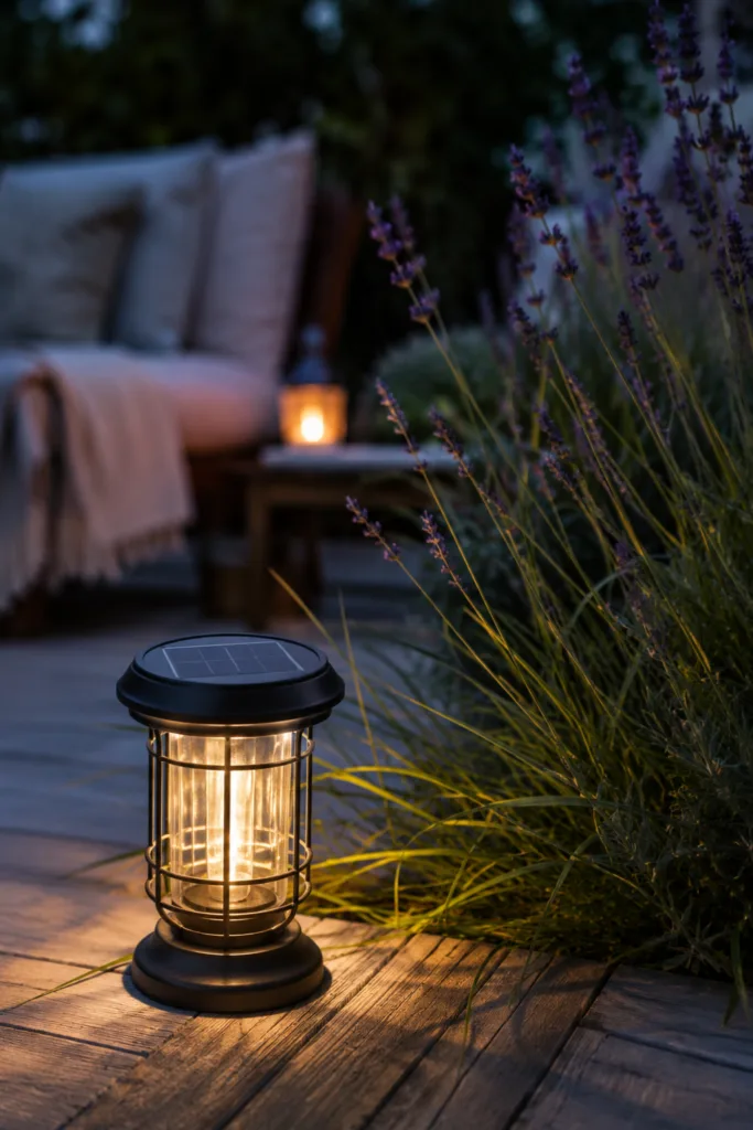 Solarleuchten im Sommergarten neben Lavendel und Holzterrasse bei warmem Abendlicht.