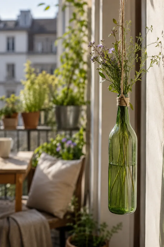Gartendeko mit Flaschen – 4 wunderschöne Ideen für gemütliche Gartenecken Hängende Gartendeko mit Glasflaschen auf kleinem Balkon im warmen Tageslicht