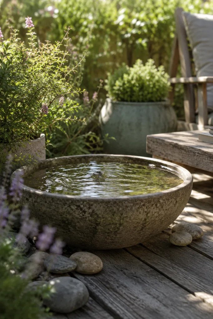 Gartendeko im Sommer mit Wasserschale und kleinem Brunnen auf Holzterrasse im Garten