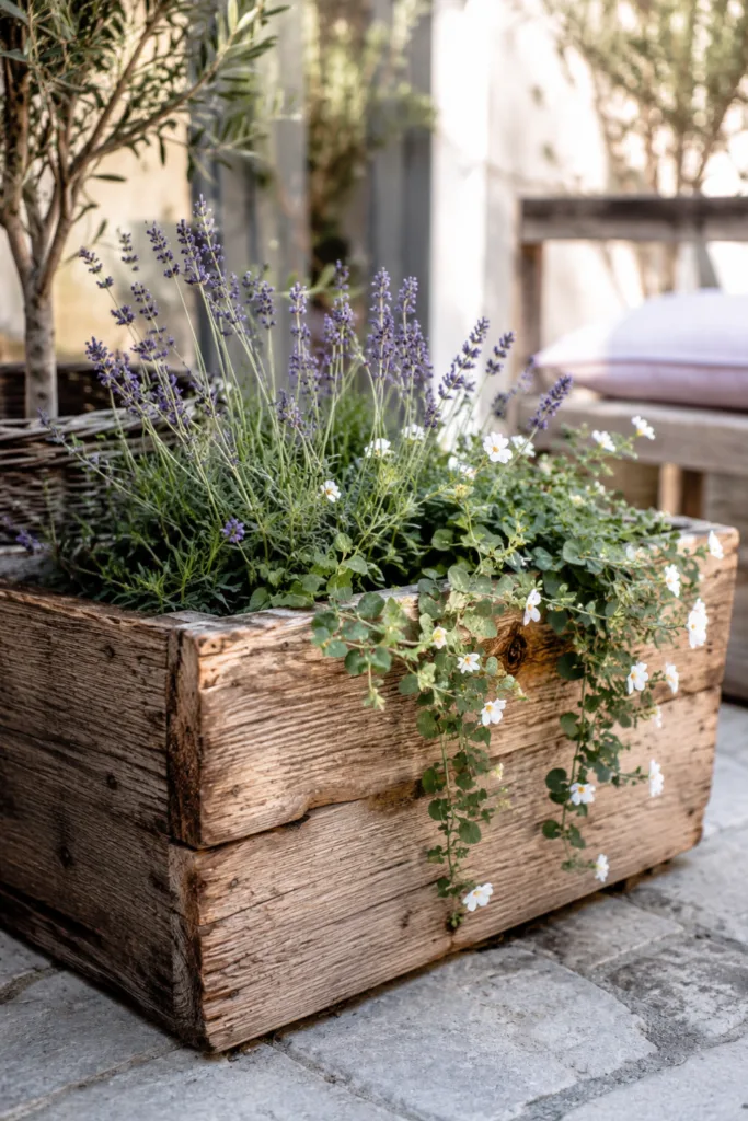 Gartendeko aus altem Holz – 5 wunderschöne Ideen für deinen Garten Gartendeko aus altem Holz mit rustikalem Pflanzkasten und Lavendel auf Terrasse.