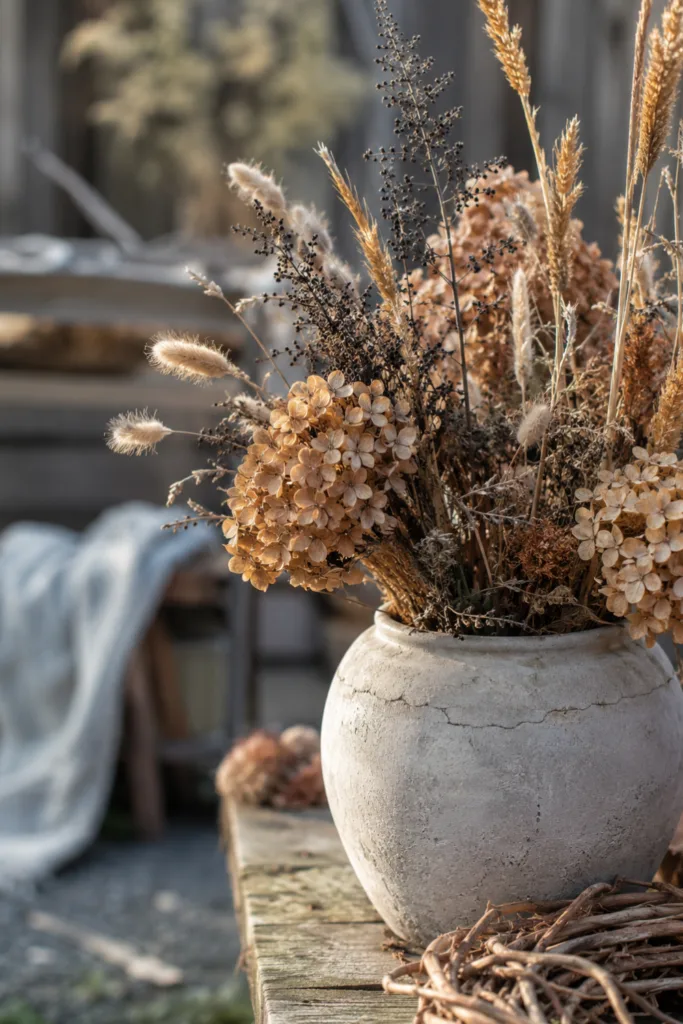 Gartendeko aus Naturmaterialien mit Trockenpflanzen in rustikalem Tontopf auf Terrasse.