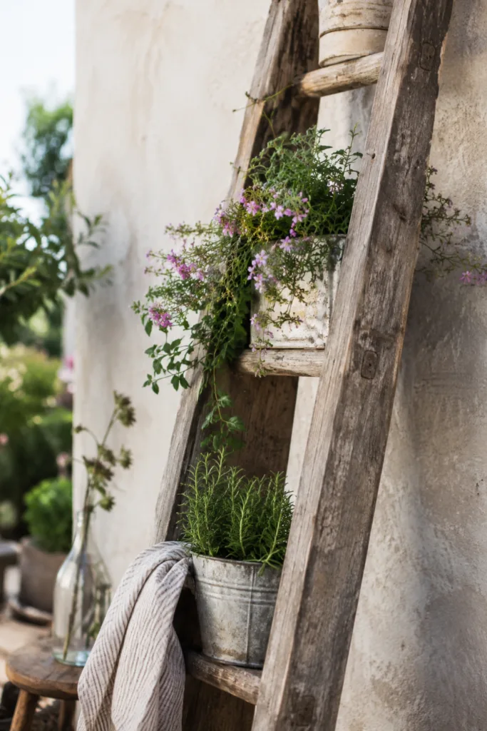 Alte Holzleiter als sommerliche Gartendeko mit Kräutern und Vintage-Pflanzgefäßen im Garten