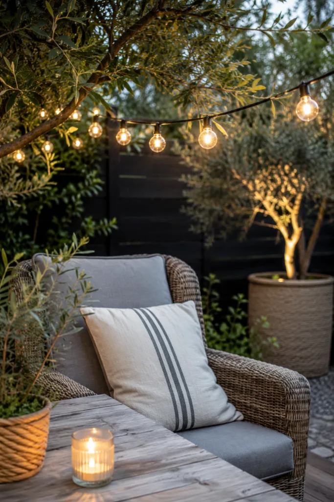 Gartendeko mit Licht durch warme Lichterketten über gemütlichem Sitzplatz im Garten