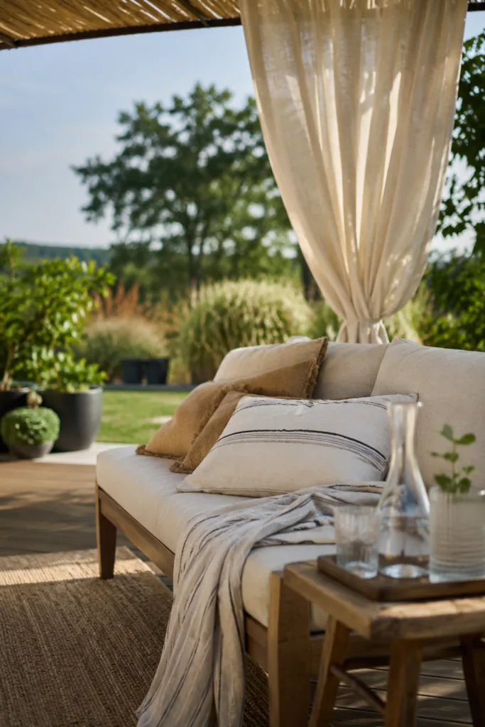 Gartendeko im Sommer mit Textilien, Schattenbereich und gemütlicher Terrasse im natürlichen Stil