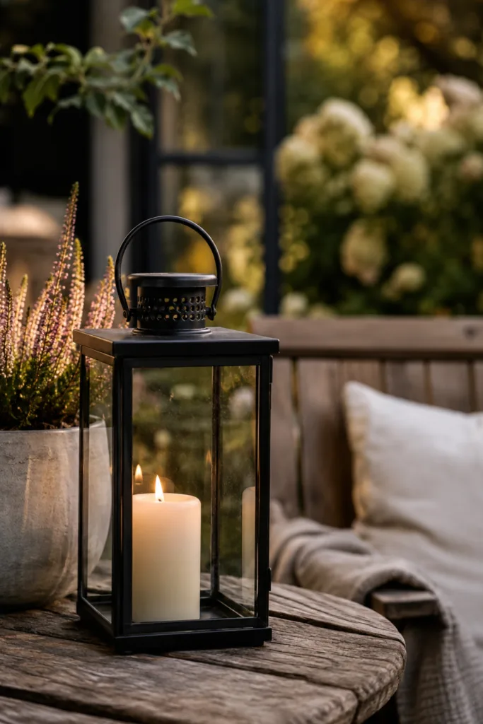 Schwarze Laterne mit Kerze als Gartendeko mit Licht auf rustikalem Holztisch im Garten