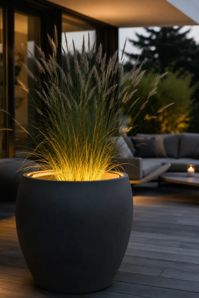 Gartendeko mit Licht: beleuchteter Pflanzkübel mit Ziergras auf moderner Terrasse am Abend.