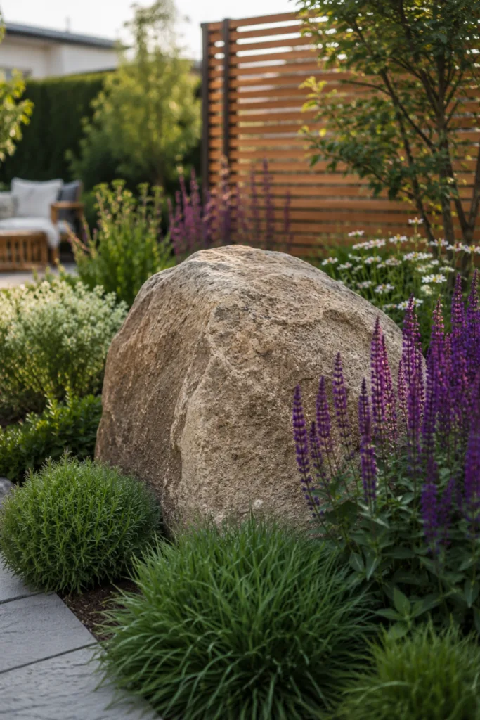 Gartendeko aus Natursteinen: 5 schöne Ideen, die deinen Garten sofort aufwerten Gartendeko aus Natursteinen mit großem Solitärstein als Blickfang im Staudenbeet mit Gräsern und Blüten.