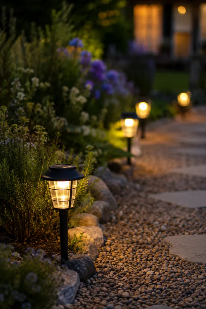 Gartendeko mit Licht durch warme Solarleuchten entlang eines Kieswegs im Garten am Abend