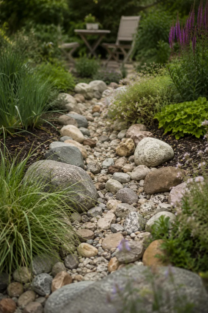 Gartendeko aus Natursteinen: 5 schöne Ideen, die deinen Garten sofort aufwerten Trockenbach aus Natursteinen mit Ziergräsern als natürliche Gartendeko im Gartenbeet.