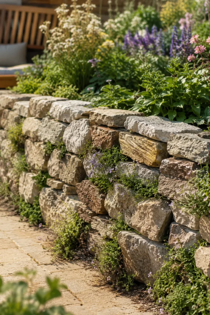 Gartendeko aus Natursteinen: 5 schöne Ideen, die deinen Garten sofort aufwerten Natursteinmauer als Gartendeko aus Natursteinen mit Stauden und blühenden Pflanzen im Gartenbeet.