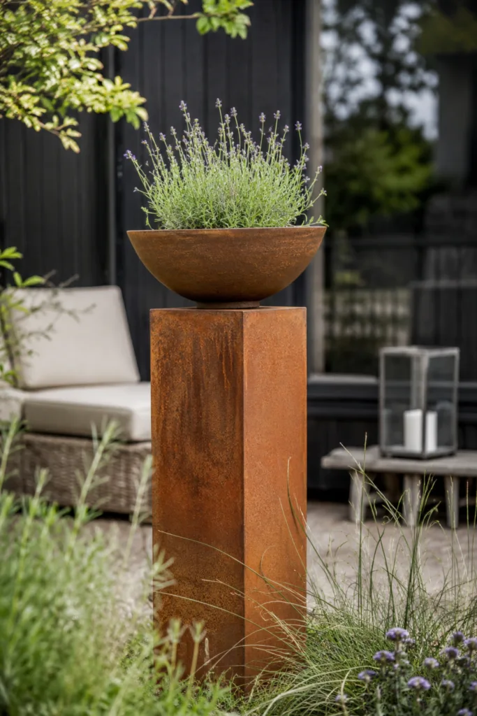 Rostige Pflanzsäule mit Lavendel im Garten als natürliche Gartendeko aus Rost im Hochformat