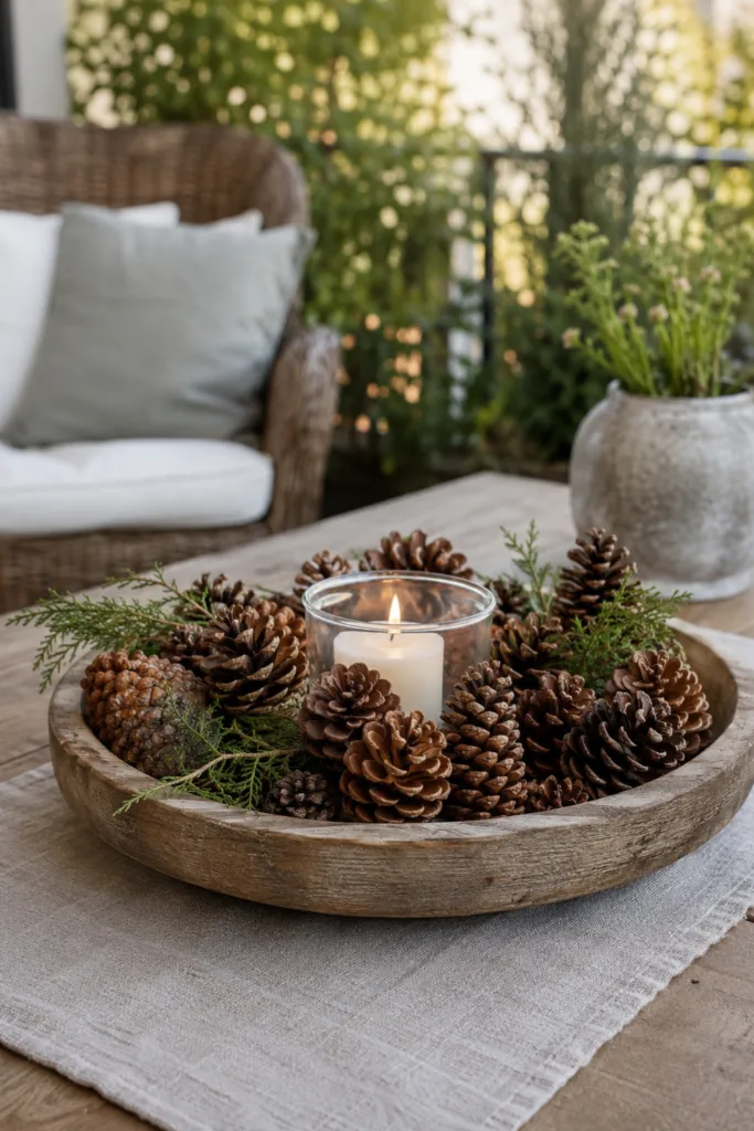 Gartendeko mit Tannenzapfen – 5 einfache Ideen mit natürlicher Wirkung Gartendeko aus Tannenzapfen in Holzschale auf Terrasse mit natürlicher Dekoration und gemütlicher Atmosphäre.
