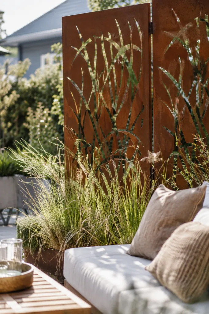 Gartendeko aus Rost mit Sichtschutzelementen, Gräsern und moderner Terrasse im Garten.