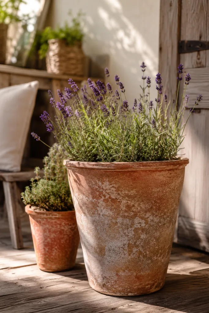 Gartendeko aus Naturmaterialien mit alten Tontöpfen und Lavendel auf Holzterrasse.