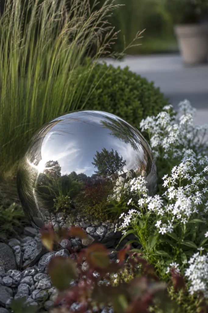 Gartendeko aus Edelstahl – 5 elegante Ideen für moderne Gartenbereiche Gartendeko aus Edelstahl mit großer Edelstahlkugel zwischen Gräsern und blühenden Pflanzen im Beet