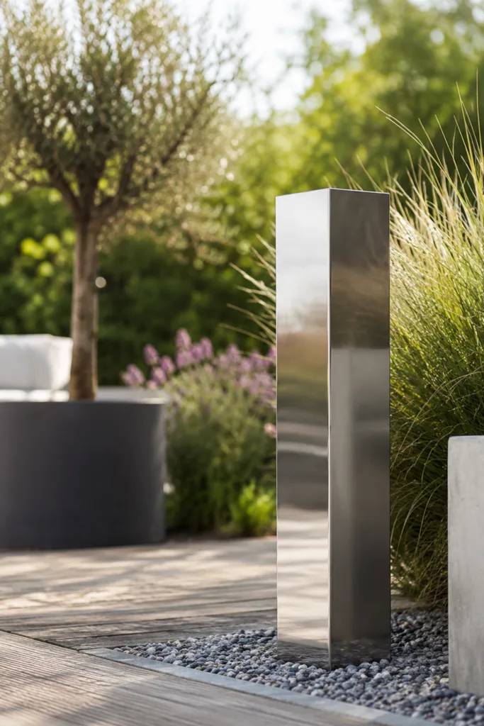 Gartendeko aus Edelstahl – 5 elegante Ideen für moderne Gartenbereiche Gartendeko aus Edelstahl mit moderner Edelstahlsäule zwischen Gräsern und Kiesfläche im Garten