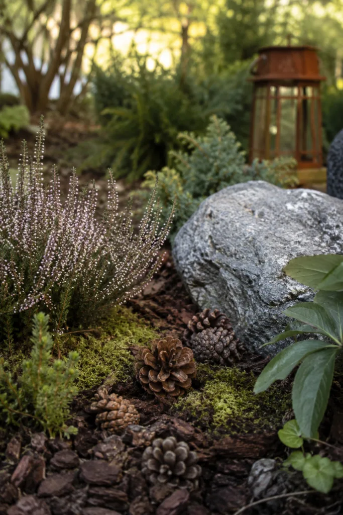 Gartendeko mit Tannenzapfen – 5 einfache Ideen mit natürlicher Wirkung Gartendeko aus Tannenzapfen im Naturbeet mit Moos, Steinen und Pflanzen im Garten.