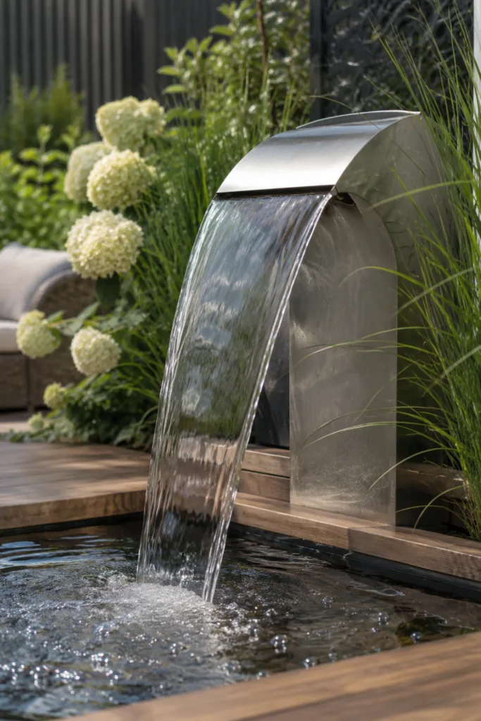 Gartendeko aus Edelstahl – 5 elegante Ideen für moderne Gartenbereiche Gartendeko aus Edelstahl mit modernem Wasserbrunnen zwischen Gräsern und Holzterrasse