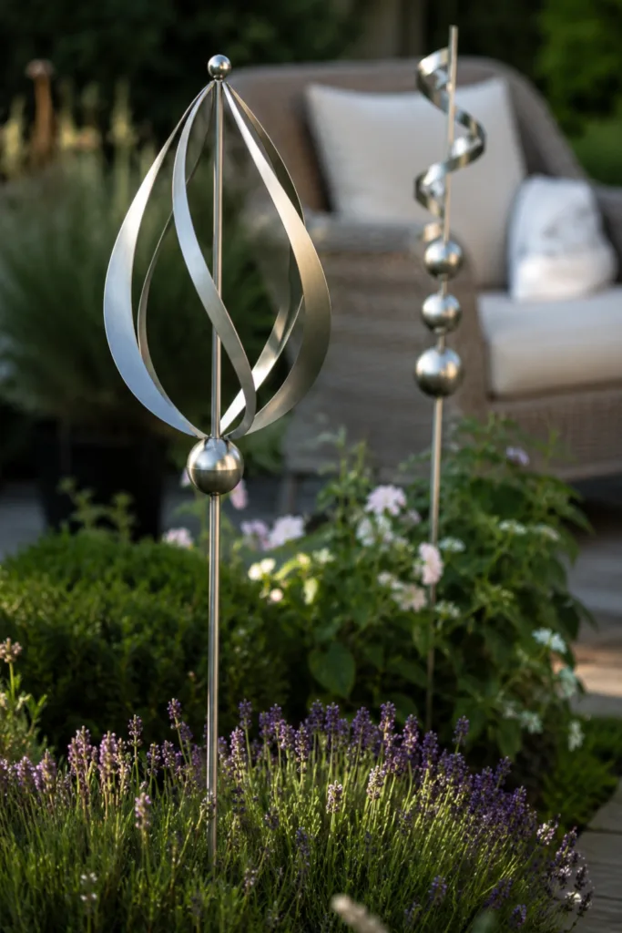 Gartendeko aus Edelstahl – 5 elegante Ideen für moderne Gartenbereiche Gartendeko aus Edelstahl mit Windspiel und Edelstahlsteckern zwischen Lavendel im Garten.