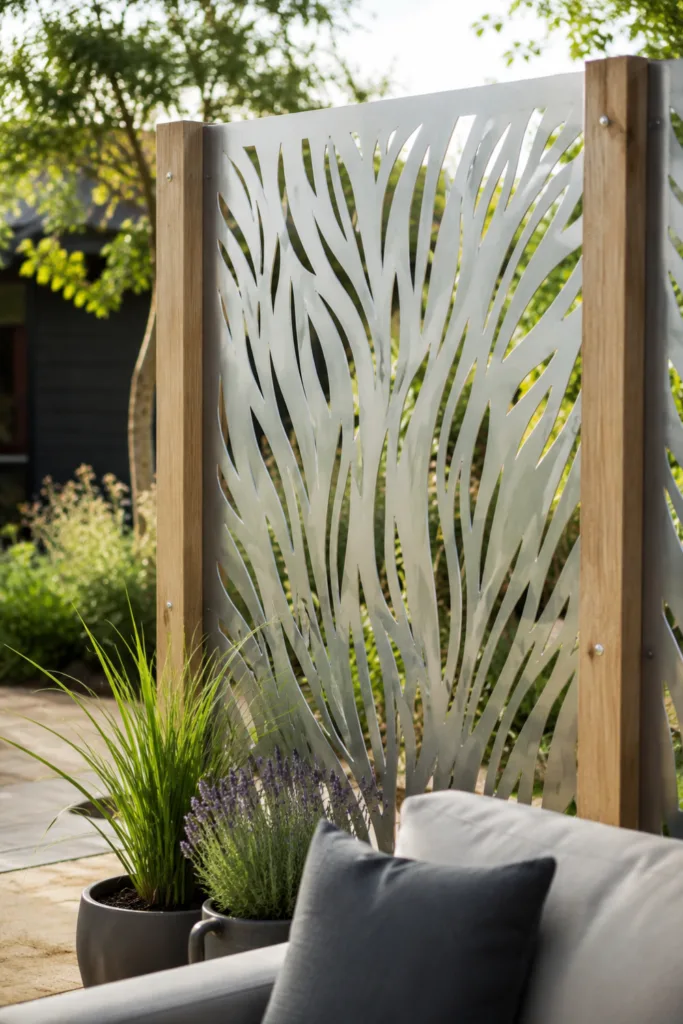 Gartendeko aus Edelstahl – 5 elegante Ideen für moderne Gartenbereiche Gartendeko aus Edelstahl als moderner Sichtschutz mit Holz und Gräsern im Garten.