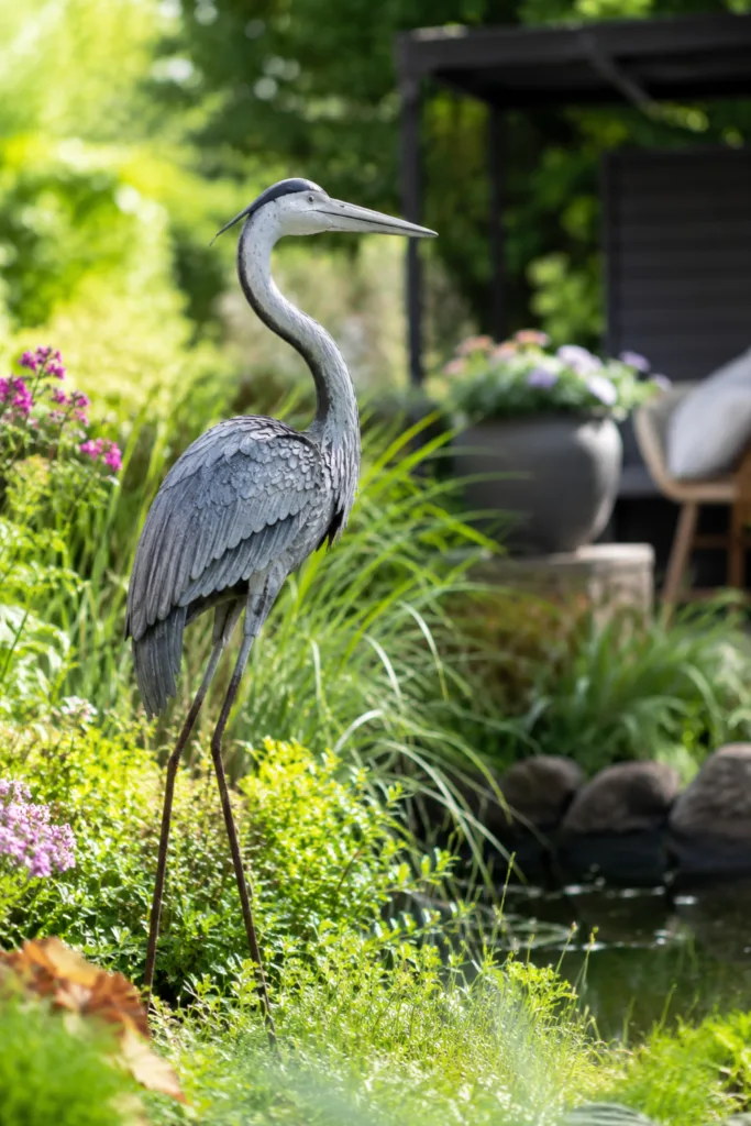 Gartendeko Figur Reiher am Teich zwischen Gräsern und Blühpflanzen im naturnahen Garten.