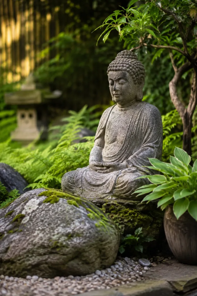 Gartendeko Figur aus Stein zwischen Pflanzen im naturnahen Garten mit harmonischer Gestaltung.
