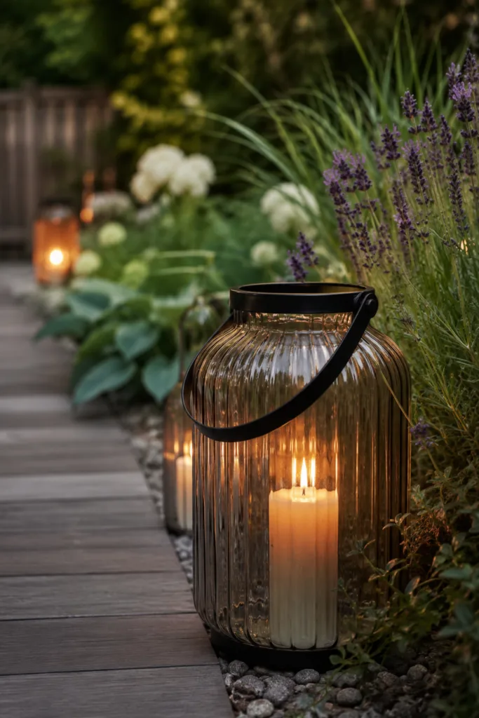 Gartendeko mit Glas – 5 wunderschöne Ideen für mehr Atmosphäre Gartendeko mit Glaslaternen zwischen Lavendel und Gräsern auf modernem Gartenweg