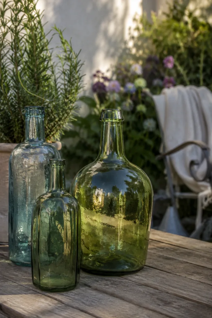 Gartendeko mit Glas – 5 wunderschöne Ideen für mehr Atmosphäre Gartendeko mit Glasflaschen auf Holztisch zwischen Kräutern und Pflanzen im Garten