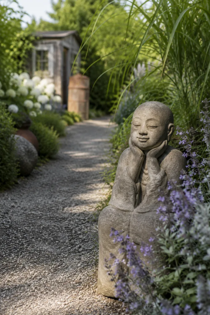 Gartendeko Figur am Gartenweg als Blickfang zwischen Pflanzen und Kiesweg im naturnahen Garten.