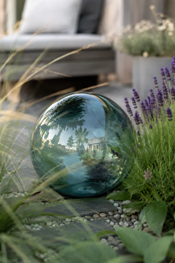 Gartendeko mit Glas – 5 wunderschöne Ideen für mehr Atmosphäre Gartendeko mit Glas: Große Glaskugel zwischen Lavendel und Gräsern im Gartenbeet