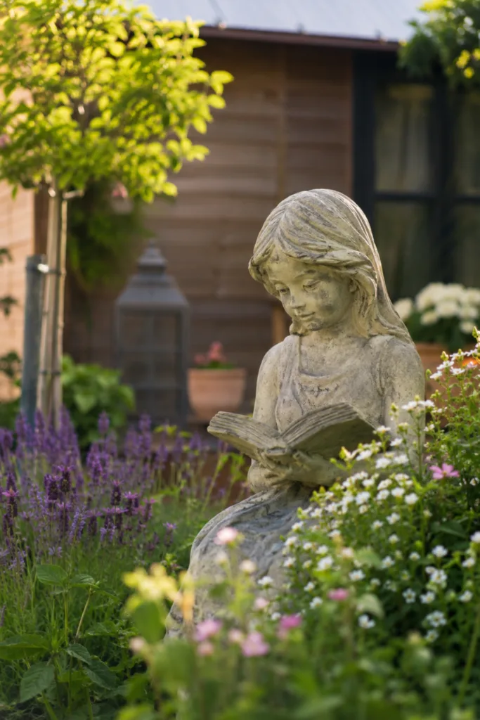 Gartendeko Figur zwischen Blumen und Stauden als saisonaler Blickfang im Garten.