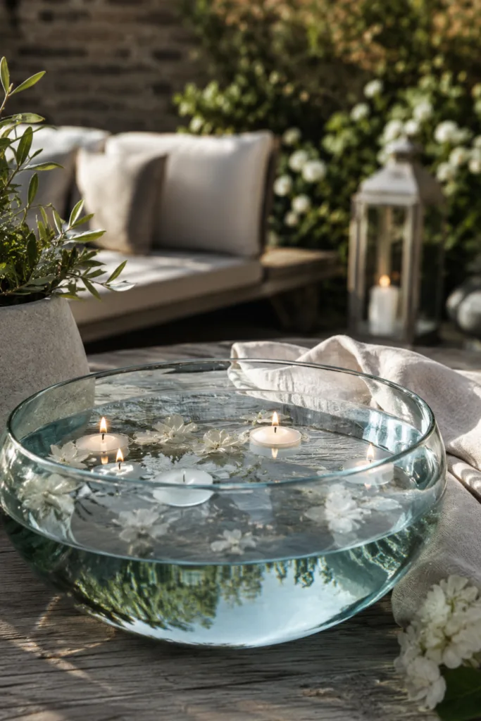 Gartendeko mit Glas – 5 wunderschöne Ideen für mehr Atmosphäre Gartendeko mit Glas und Wasser auf Holzterrasse mit ruhiger Lichtstimmung im Garten