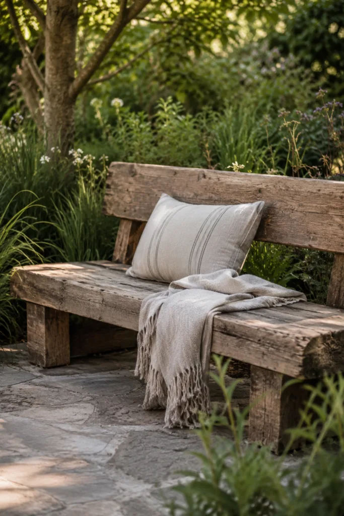 Gartendeko aus altem Holz – 5 wunderschöne Ideen für deinen Garten Gartendeko aus altem Holz mit rustikaler Sitzbank zwischen Gräsern und Stauden im Garten.