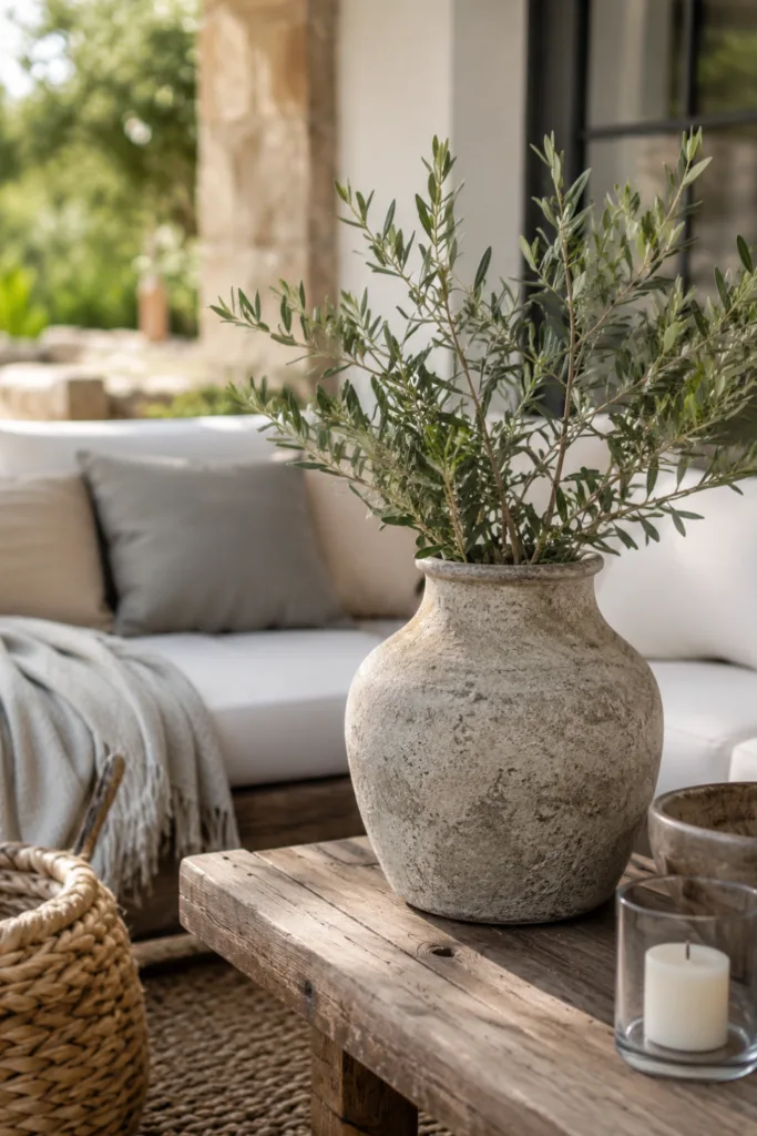 Terrassendeko im Juni mit Holz, Rattan und natürlichen Materialien auf gemütlicher Terrasse