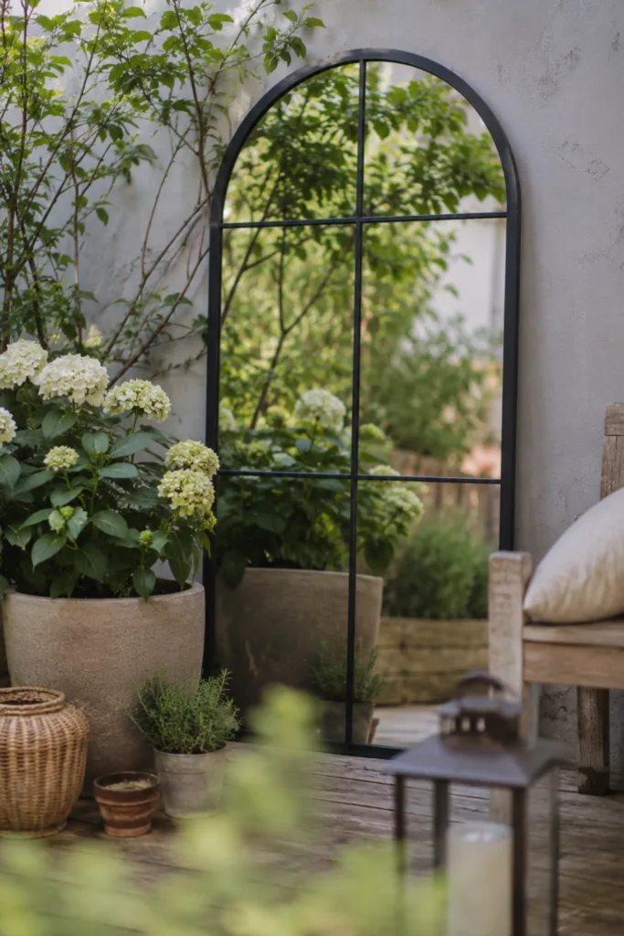 Gartendeko mit Glas – 5 wunderschöne Ideen für mehr Atmosphäre Spiegel und Glasflächen in kleinem Garten mit natürlicher Gartendeko aus Glas und Pflanzen.