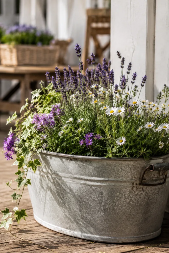 Zinkwanne Deko im Garten mit Lavendel, Margeriten und Efeu als blühender Blickfang auf der Terrasse.