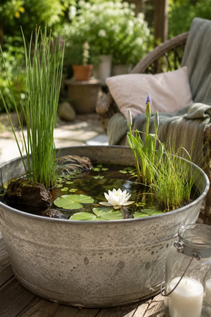 Zinkwanne Deko im Garten als Mini-Teich mit Wasserpflanzen und Seerose neben gemütlichem Sitzplatz.