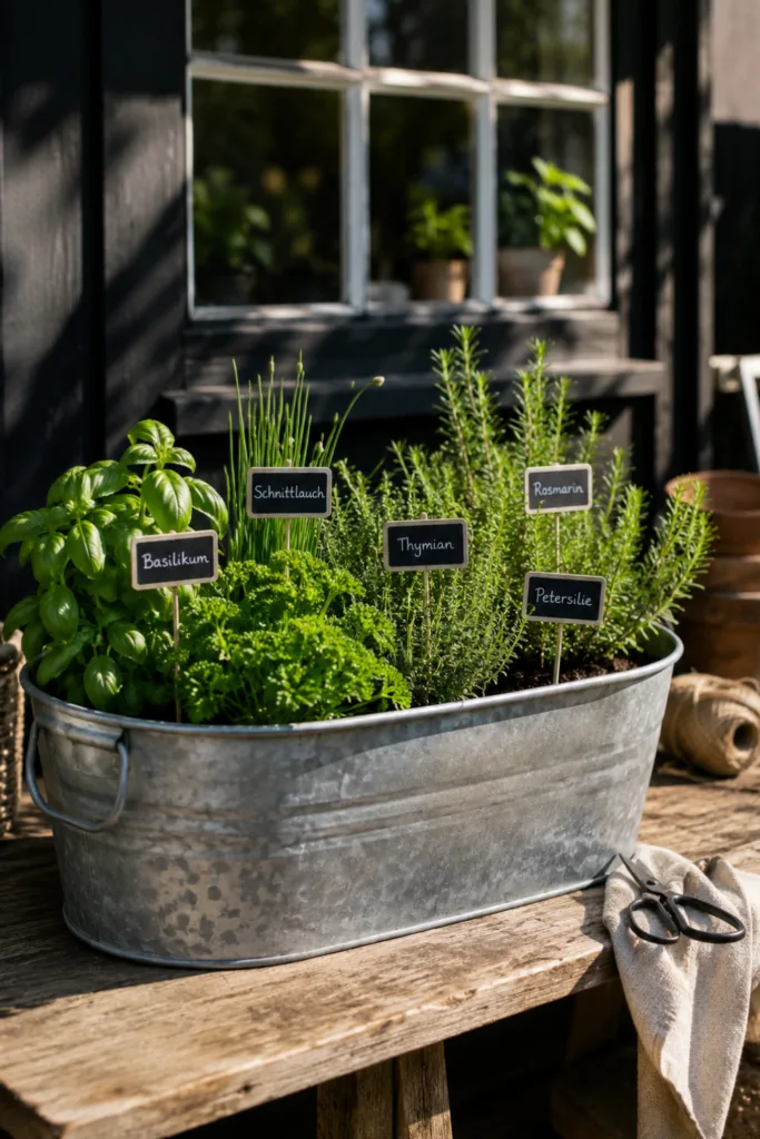 Zinkwanne Deko im Garten mit Kräutergarten aus Rosmarin, Thymian und Petersilie auf einer Terrasse.