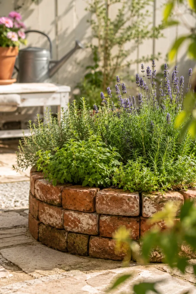 Gartendeko mit Backsteinen als rundes Kräuterbeet mit Lavendel und mediterranen Pflanzen