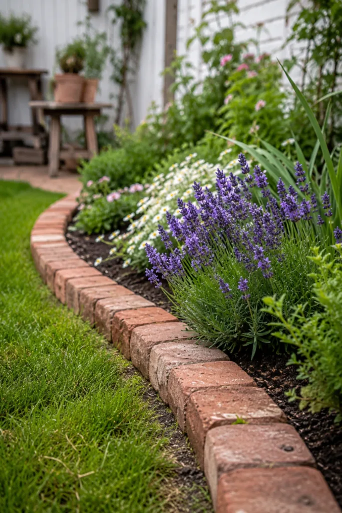 Gartendeko mit Backsteinen als geschwungene Beetumrandung mit Lavendel im Garten