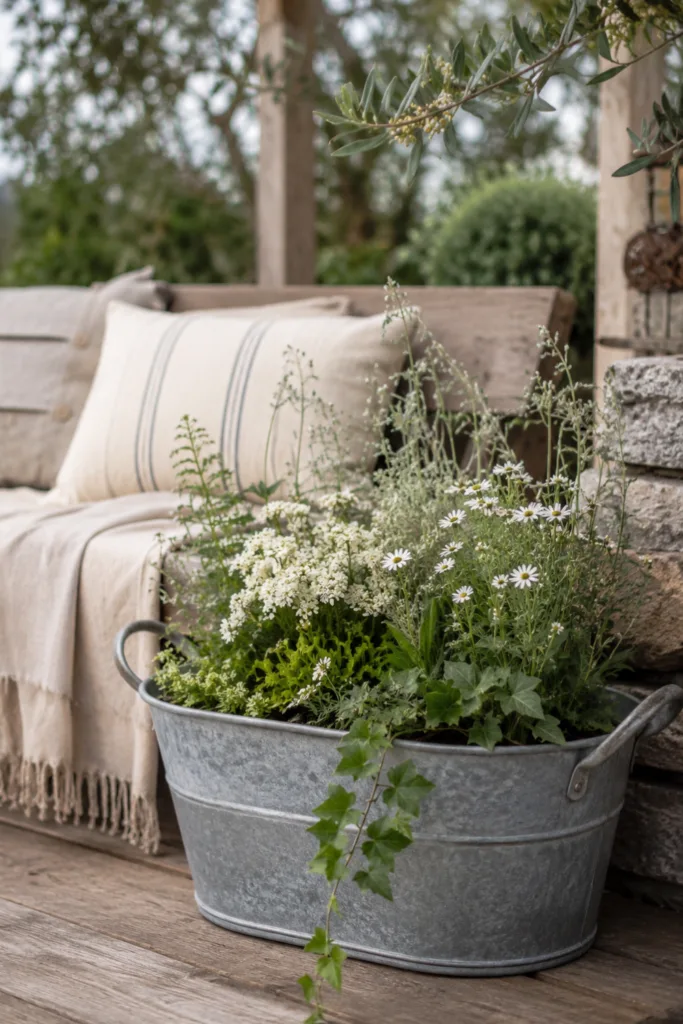 Zinkwanne Deko im Garten mit Blumen, Holzbank und Naturstein im rustikalen Landhausstil.