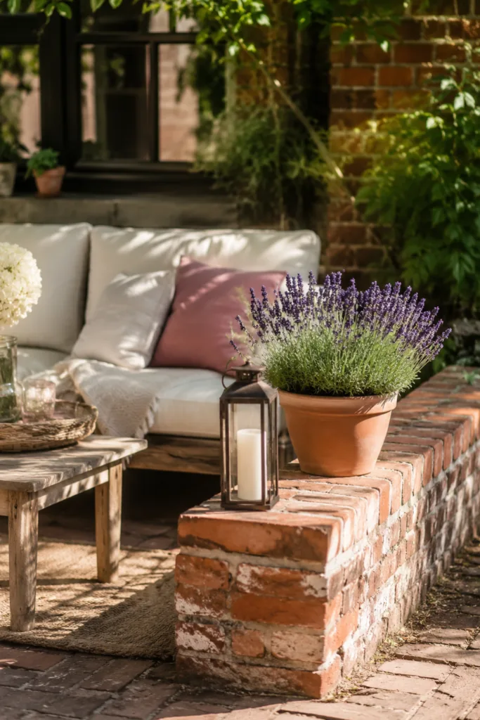 Gartendeko mit Backsteinen an gemütlichem Sitzplatz mit Lavendel und Holzterrasse