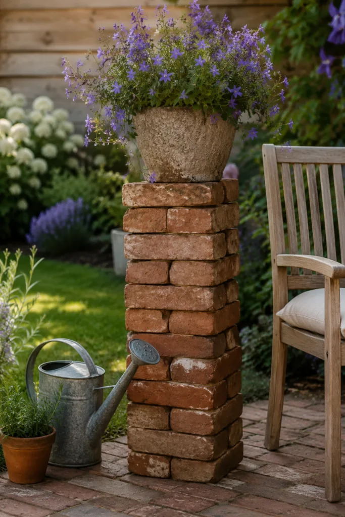 Gartendeko mit Backsteinen als Pflanzsäule neben Sitzplatz im naturnahen Garten