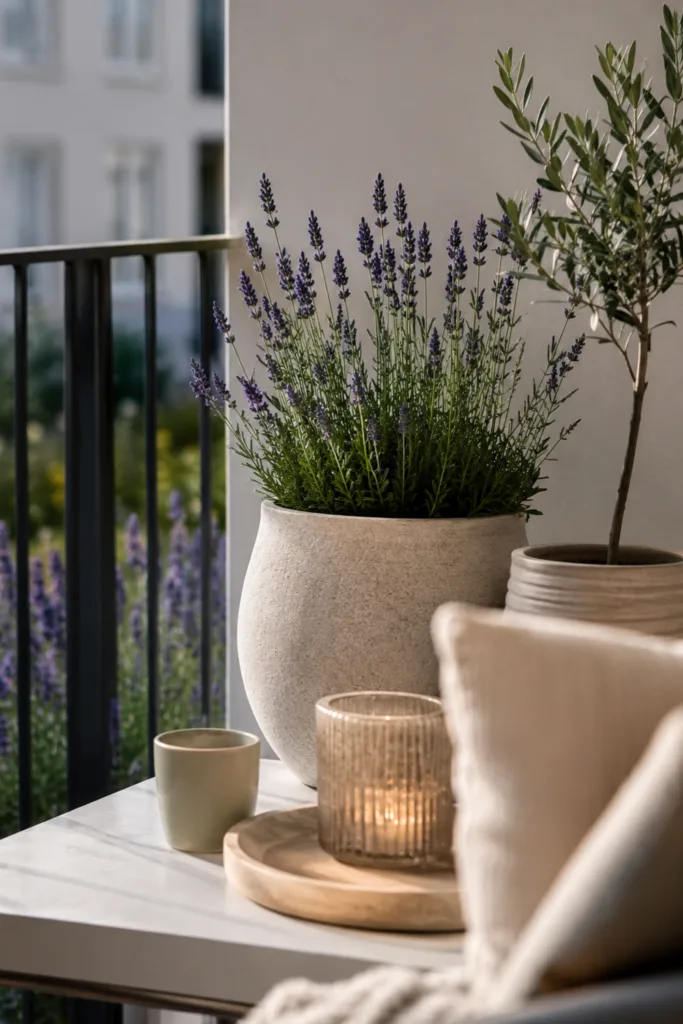 Sommer Deko für den Balkon mit hellen Pflanzkübeln, Lavendel und moderner Farbgestaltung in Naturtönen.